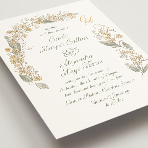This is a marigold wedding invitations with standard by Jenna Holcomb called forget me nots printing on signature in standard