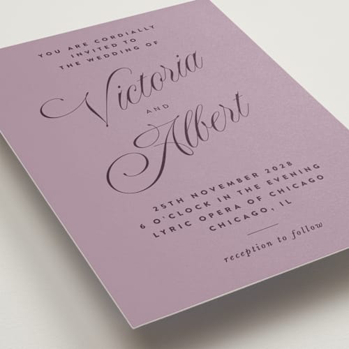 This is a lavender wedding invitations with standard by Nazia Hyder called museum printing on signature in standard