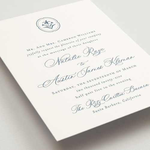 This is a dusty blue wedding invitations with standard by Jennifer Postorino called calia printing on signature in standard