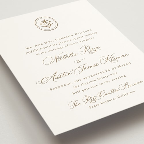 This is a champagne gold wedding invitations with standard by Jennifer Postorino called calia printing on signature in standard
