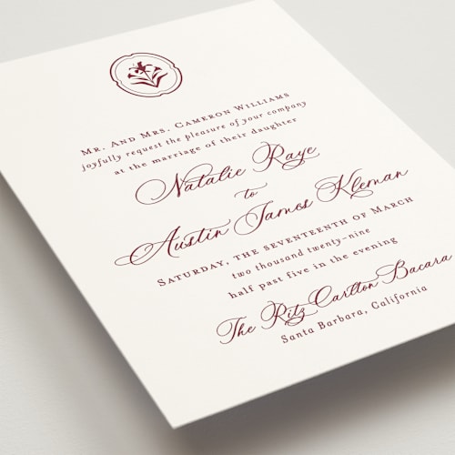 This is a burgundy wedding invitations with standard by Jennifer Postorino called calia printing on signature in standard