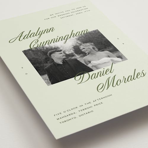 This is a lemongrass wedding invitations with standard by Sam Dubeau called swoon printing on signature in standard