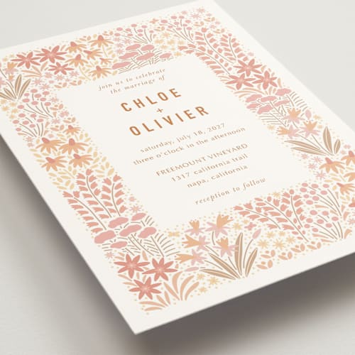 This is a peach wedding invitations with standard by Pippa Shaw called floral border printing on signature in standard