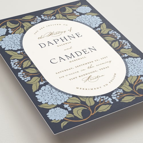 This is a navy wedding invitations with standard by Susan Zinader called hydrangea garden printing on signature in standard