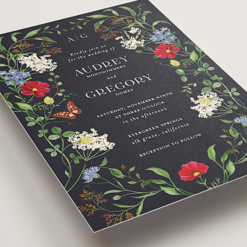 This is a midnight wedding invitations with standard by Sarah Knight called wild meadow printing on signature in standard