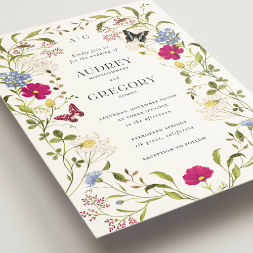 This is a fuchsia wedding invitations with standard by Sarah Knight called wild meadow printing on signature in standard
