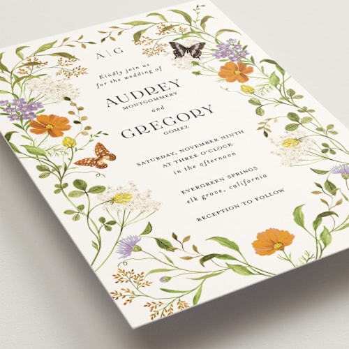 This is a persimmon wedding invitations with standard by Sarah Knight called wild meadow printing on signature in standard