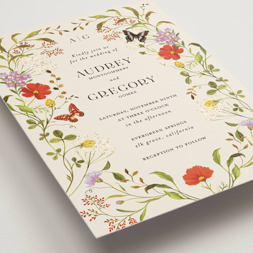 This is a poppy wedding invitations with standard by Sarah Knight called wild meadow printing on signature in standard