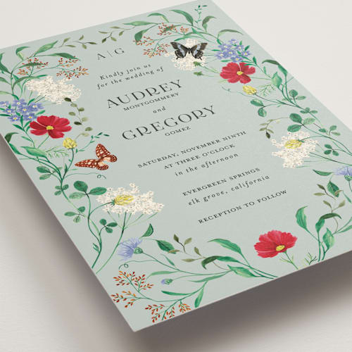 This is a mint wedding invitations with standard by Sarah Knight called wild meadow printing on signature in standard
