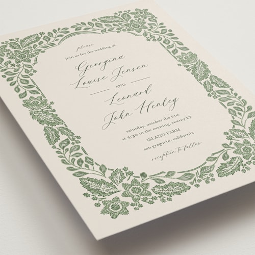 This is a moss wedding invitations with standard by Jen Owens called embroidered printing on signature in standard