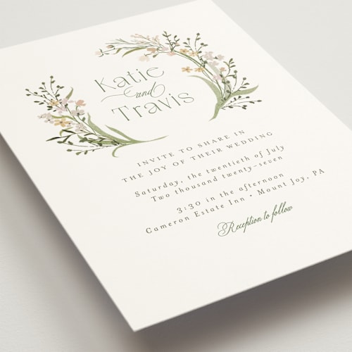 This is a olive wedding invitations with standard by Jennifer Wick called delicate buds printing on signature in standard