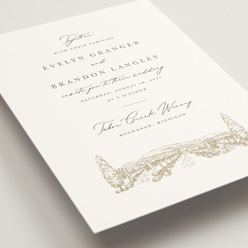 This is a champagne wedding invitations with standard by Sarah Brown called vineyard printing on signature in standard
