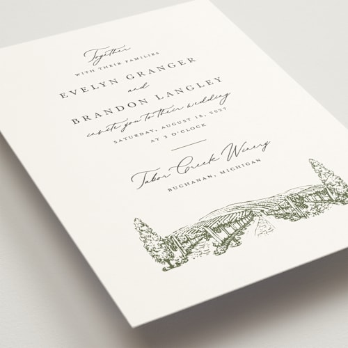 This is a olive wedding invitations with standard by Sarah Brown called vineyard printing on signature in standard