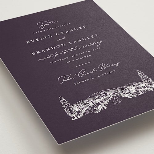 This is a plum wedding invitations with standard by Sarah Brown called vineyard printing on signature in standard