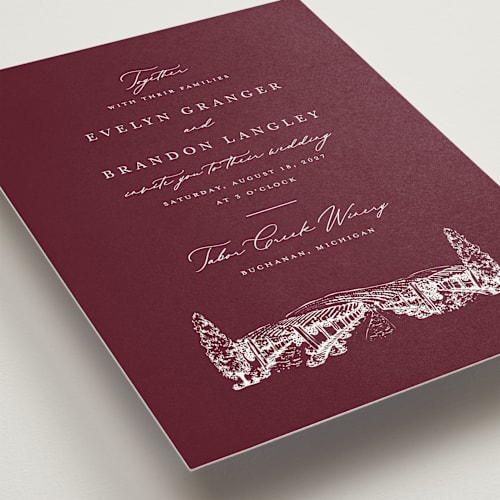 This is a merlot wedding invitations with standard by Sarah Brown called vineyard printing on signature in standard