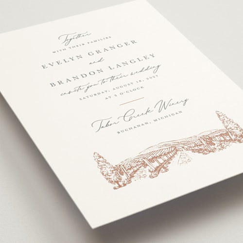 This is a dusty rose wedding invitations with standard by Sarah Brown called vineyard printing on signature in standard