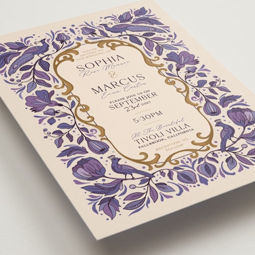This is a orchid wedding invitations with standard by GeekInk Design called gilded printing on signature in standard
