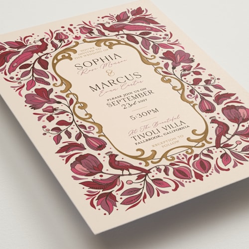 This is a crimson wedding invitations with standard by GeekInk Design called gilded printing on signature in standard