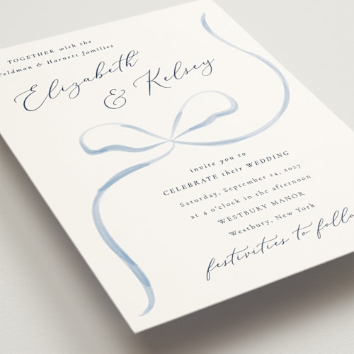 This is a dusty blue wedding invitations with standard by Corinne Malesic called bow printing on signature in standard