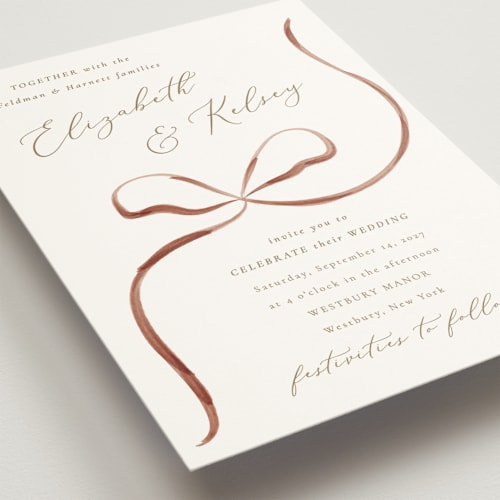 This is a crimson wedding invitations with standard by Corinne Malesic called bow printing on signature in standard