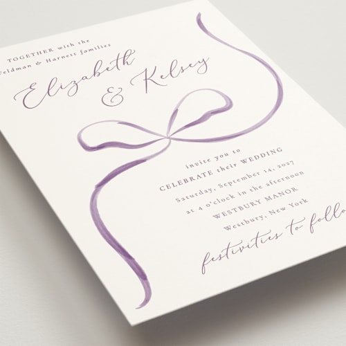 This is a lilac wedding invitations with standard by Corinne Malesic called bow printing on signature in standard