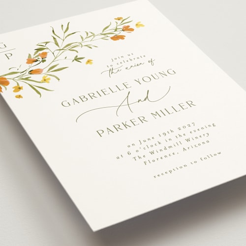 This is a citrine wedding invitations with standard by Everett Paper Goods called sweeping meadow printing on signature in standard