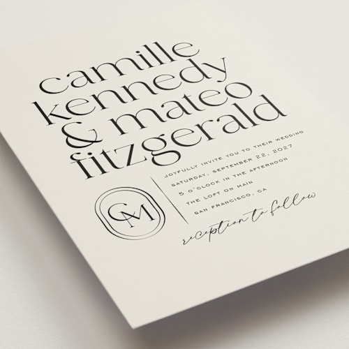 This is a latte wedding invitations with standard by Jackie Crawford called modern monogram printing on signature in standard