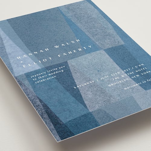 This is a seaside wedding invitations with standard by Carrie Moradi called denim patchwork printing on signature in standard