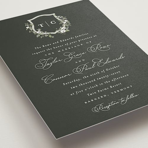 This is a granite wedding invitations with standard by Everett Paper Goods called foliage crest printing on signature in standard
