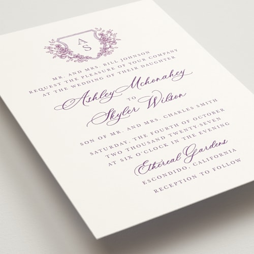 This is a lavender wedding invitations with standard by Cass Loh called watercolor flowers crest printing on signature in standard