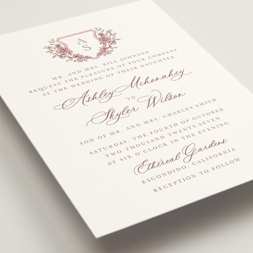 This is a dusty pink wedding invitations with standard by Cass Loh called watercolor flowers crest printing on signature in standard