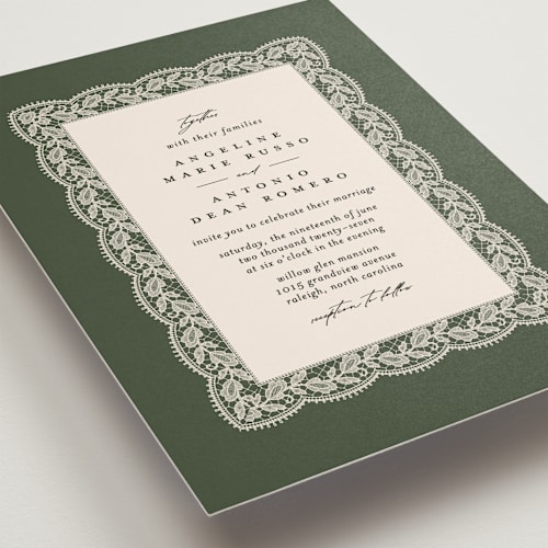 This is a olive wedding invitations with standard by Erica Krystek called chantilly printing on signature in standard