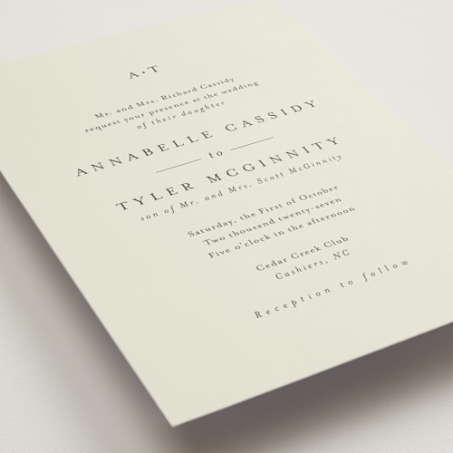 This is a ivory wedding invitations with standard by Stacey Meacham called cedar creek printing on signature in standard