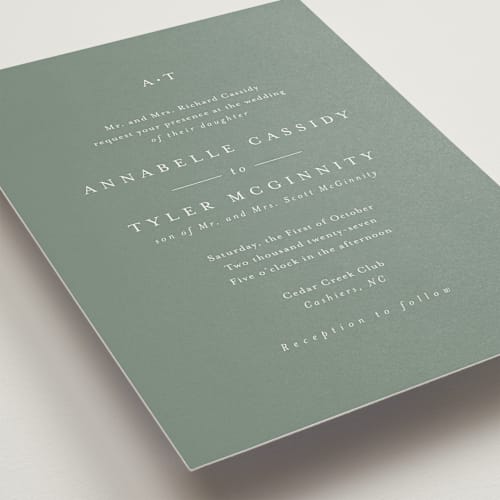 This is a sage wedding invitations with standard by Stacey Meacham called cedar creek printing on signature in standard