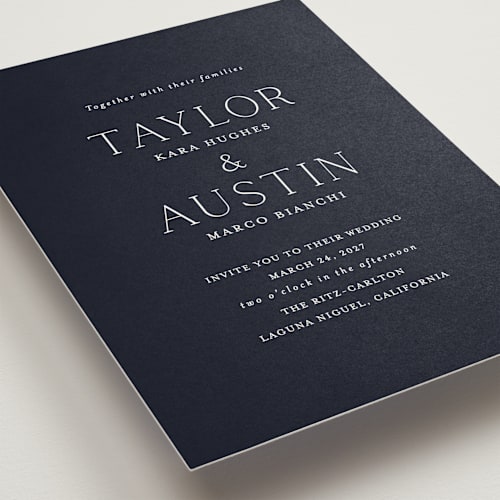 This is a navy wedding invitations with standard by Vanessa Doyle called in love printing on signature in standard