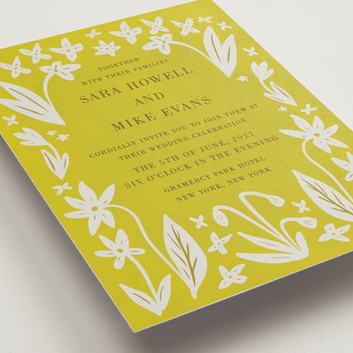 This is a summergold wedding invitations with standard by Ani Somi called friendly flowers printing on signature in standard