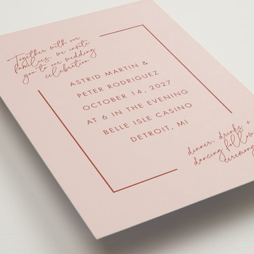 This is a peach cream wedding invitations with standard by Snow and Ivy called jot printing on signature in standard