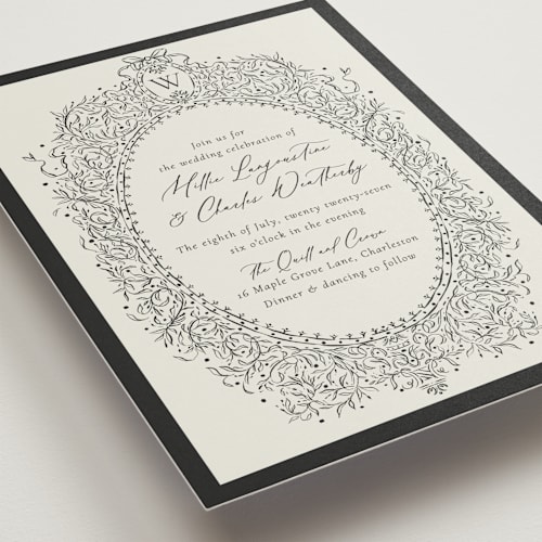 This is a latte wedding invitations with standard by Jackie Crawford called ornate sketched frame printing on signature in standard
