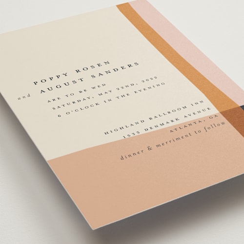 This is a peach wedding invitations with standard by Morgan Kendall called color block printing on signature in standard