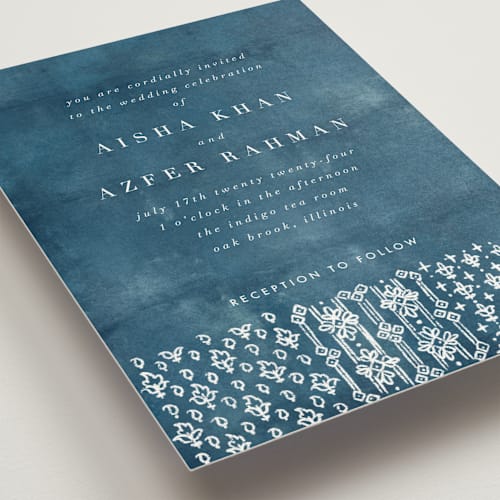 This is a indigo wedding invitations with standard by Nazia Hyder called kantha quilt printing on signature in standard