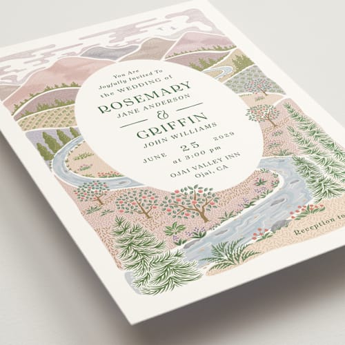 This is a rose quartz wedding invitations with standard by Paper Sun Studio called river valley printing on signature in standard