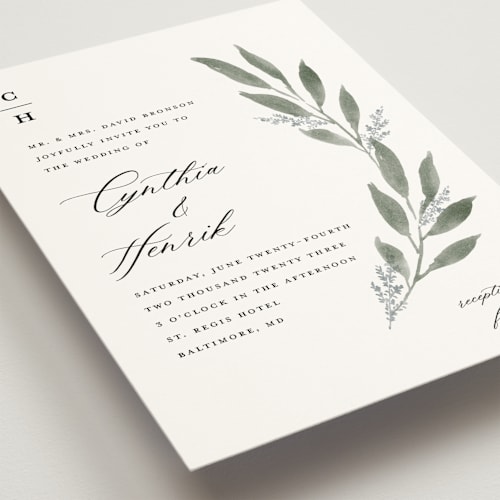 This is a heather wedding invitations with standard by Stacey Meacham called pressed foliage printing on signature in standard