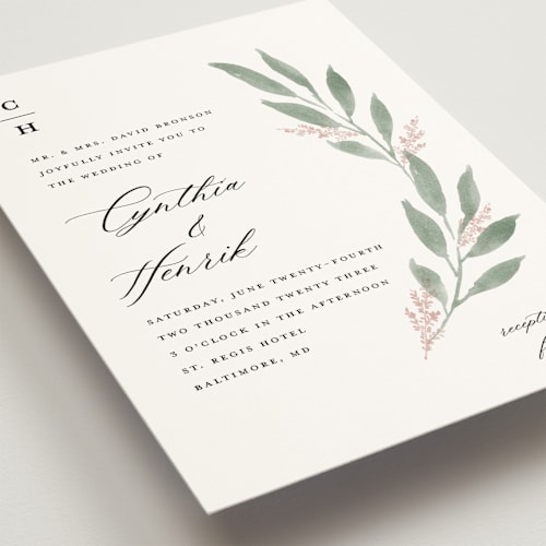 This is a blush wedding invitations with standard by Stacey Meacham called pressed foliage printing on signature in standard