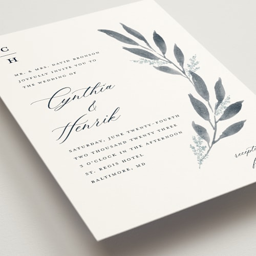 This is a indigo wedding invitations with standard by Stacey Meacham called pressed foliage printing on signature in standard