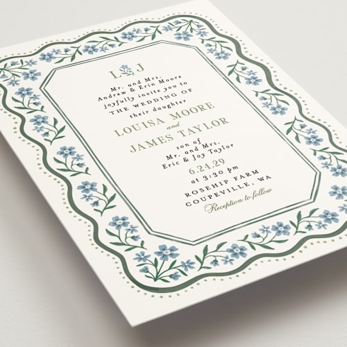This is a periwinkle wedding invitations with standard by Alethea and Ruth called sweet vintage printing on signature in standard