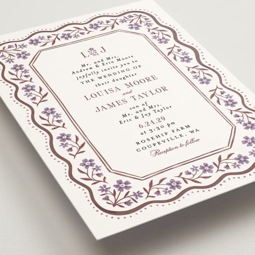 This is a plum wedding invitations with standard by Alethea and Ruth called sweet vintage printing on signature in standard