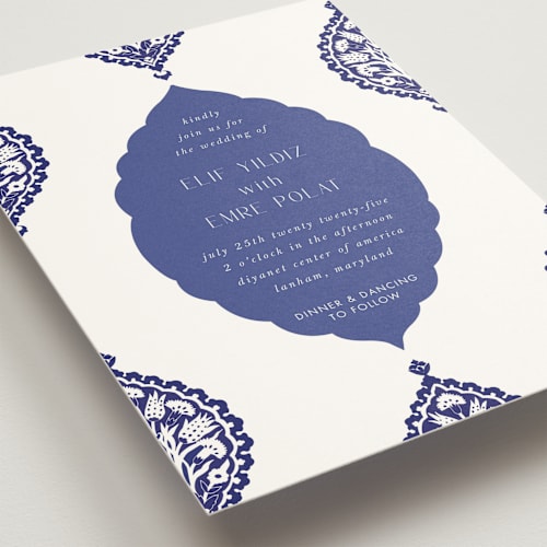 This is a cobalt wedding invitations with standard by Nazia Hyder called topkapi printing on signature in standard