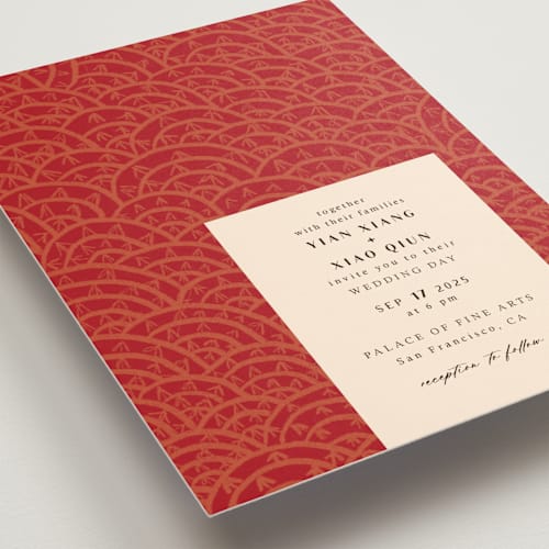 This is a ruby wedding invitations with standard by Kanika Mathur called mizu pattern printing on signature in standard