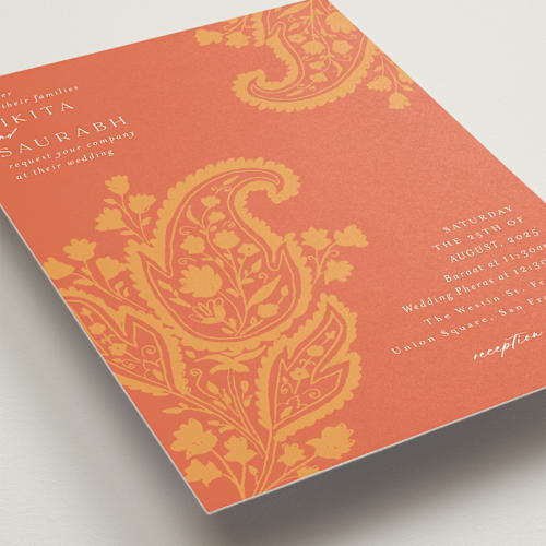 This is a tangerine wedding invitations with standard by Kanika Mathur called heritage paisley printing on signature in standard
