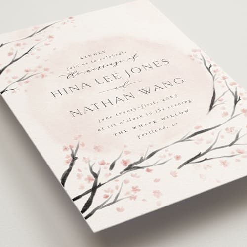 This is a cherry blossom wedding invitations with standard by Stephanie Hawkes called cherry blossoms printing on signature in standard